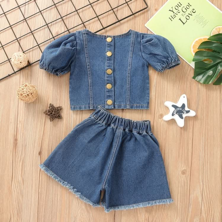 Girls Denim Puff Sleeve Top and Shorts Two-piece Suit (Color:Light Blue Size:130cm) Reluova