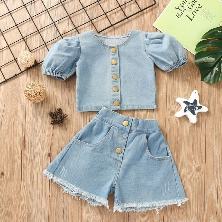 Girls Denim Puff Sleeve Top and Shorts Two-piece Suit (Color:Light Blue Size:130cm) Reluova