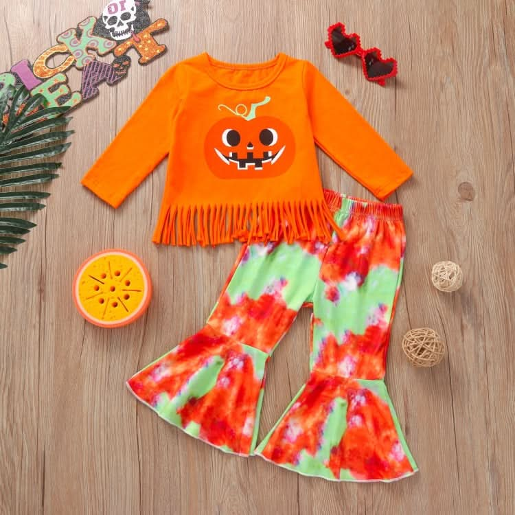 Girls Pumpkin Long Sleeve Tassel T-shirt Tie Dye Flared Pants Set (Color:Orange Size:130cm) Reluova