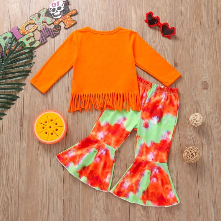 Girls Pumpkin Long Sleeve Tassel T-shirt Tie Dye Flared Pants Set (Color:Orange Size:130cm) Reluova