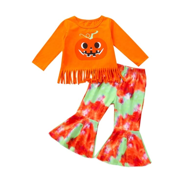 Girls Pumpkin Long Sleeve Tassel T-shirt Tie Dye Flared Pants Set (Color:Orange Size:130cm) Reluova