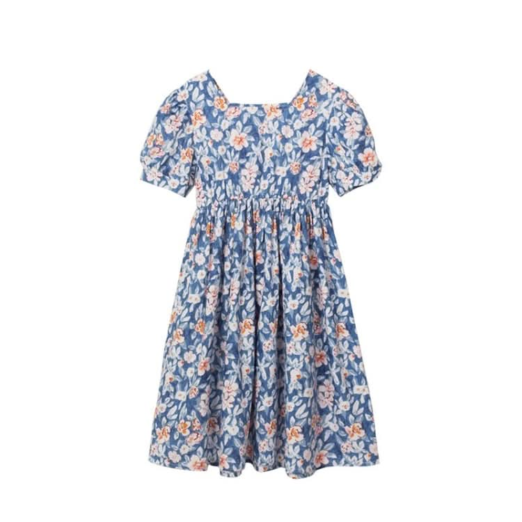 Girls Print Floral Puff Sleeve Dress (Color:Blue Size:160cm) Reluova