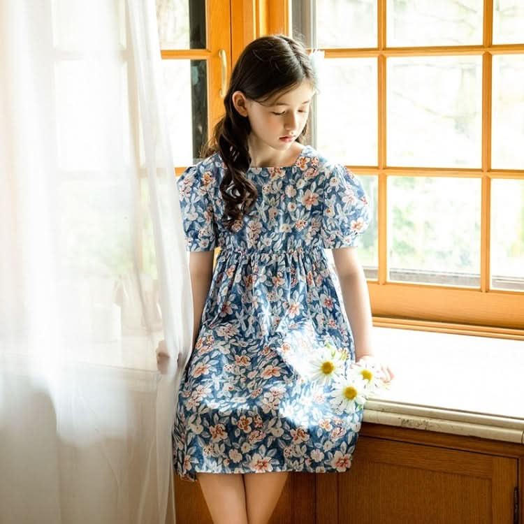 Girls Print Floral Puff Sleeve Dress (Color:Blue Size:160cm) Reluova