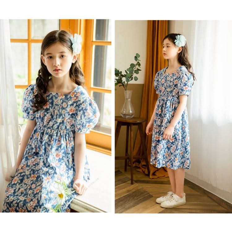 Girls Print Floral Puff Sleeve Dress (Color:Blue Size:160cm) Reluova