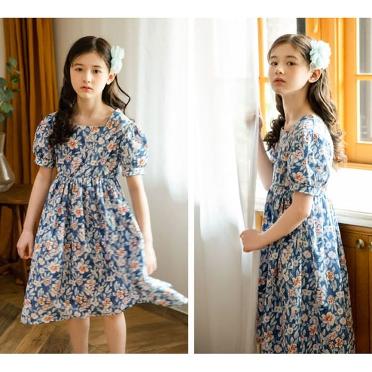 Girls Print Floral Puff Sleeve Dress (Color:Blue Size:160cm) Reluova