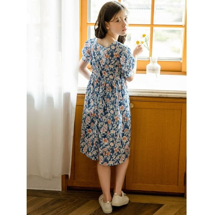 Girls Print Floral Puff Sleeve Dress (Color:Blue Size:160cm) Reluova