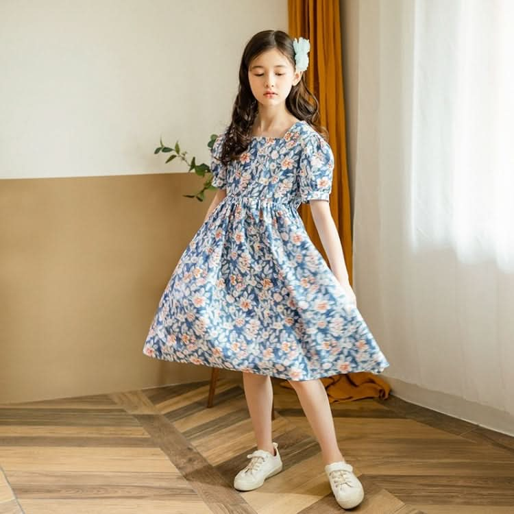 Girls Print Floral Puff Sleeve Dress (Color:Blue Size:160cm) Reluova