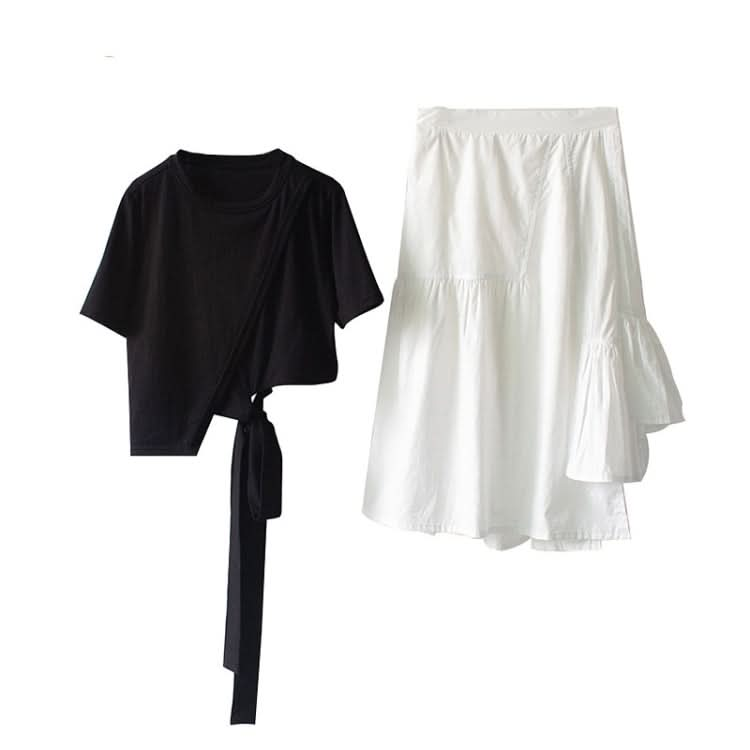 Girls Irregular T-shirt Skirt Two-piece Suit (Color:Black Size:150cm) Reluova