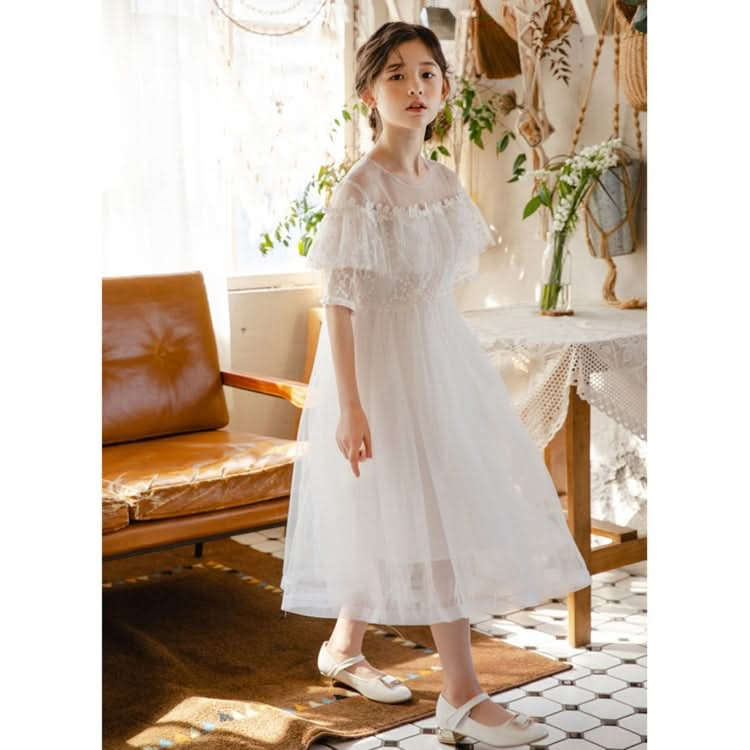 Girls Embroidered Lace Mesh Princess Dress (Color:White Size:150cm) Reluova