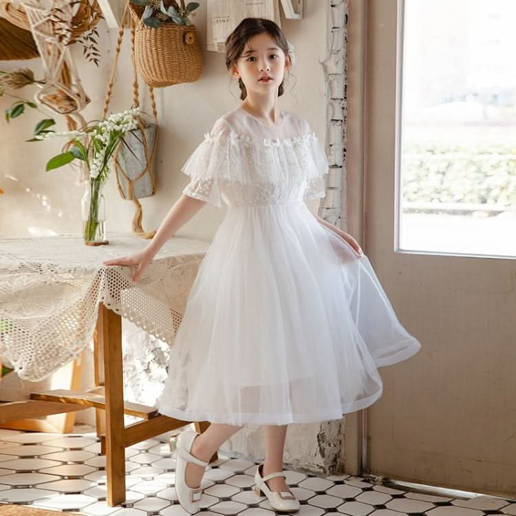 Girls Embroidered Lace Mesh Princess Dress (Color:White Size:150cm) Reluova