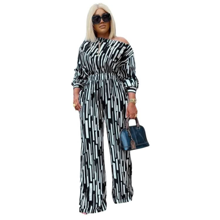 Large Size Striped Printing Oblique Long-sleeved Shoulder Loose Fashion Casual Suit Reluova