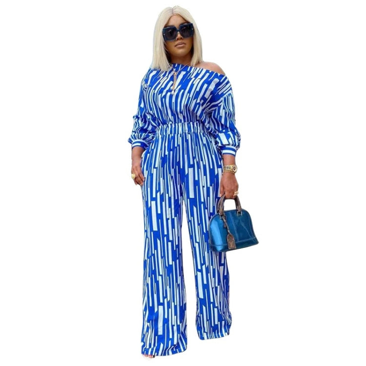 Large Size Striped Printing Oblique Long-sleeved Shoulder Loose Fashion Casual Suit