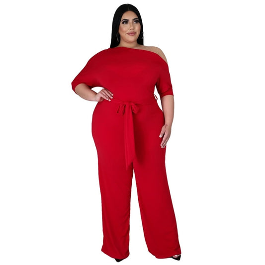 Solid Color Oblique Shoulder Strap Jumpsuit Wide-leg Pants Reluova