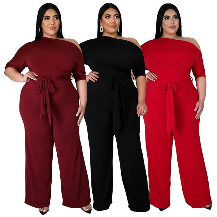 Solid Color Oblique Shoulder Strap Jumpsuit Wide-leg Pants Reluova