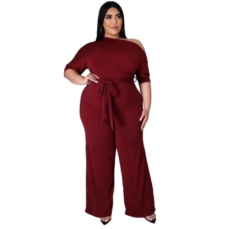 Solid Color Oblique Shoulder Strap Jumpsuit Wide-leg Pants Reluova