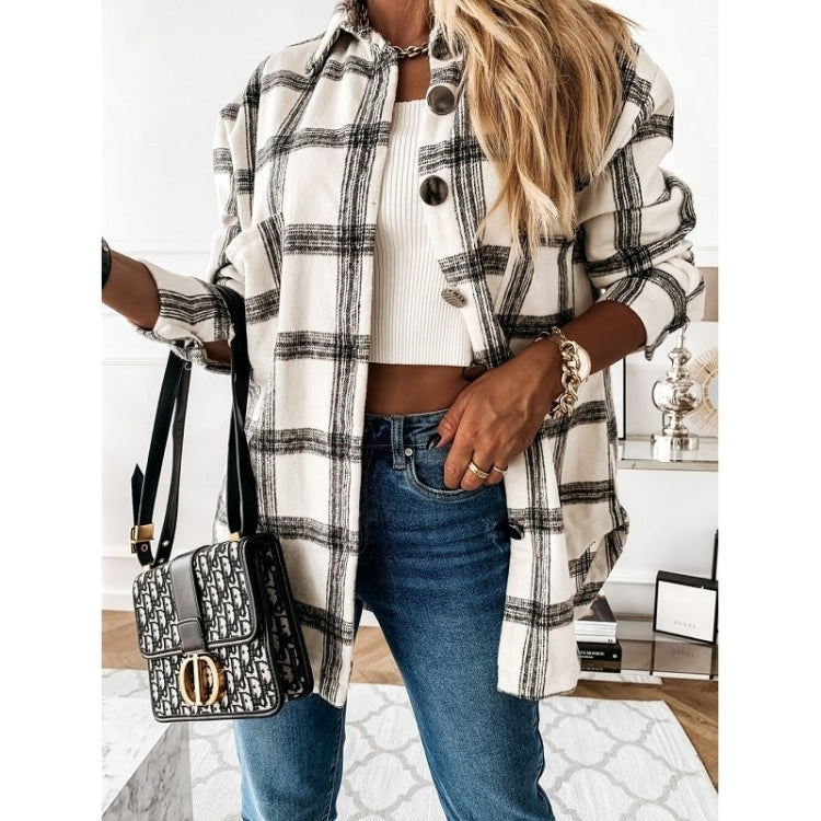 Lapel Long-sleeved Plaid Cardigan Shirt Loose Casual Woolen Coat for Ladies