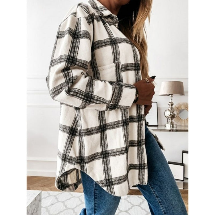 Lapel Long-sleeved Plaid Cardigan Shirt Loose Casual Woolen Coat for Ladies