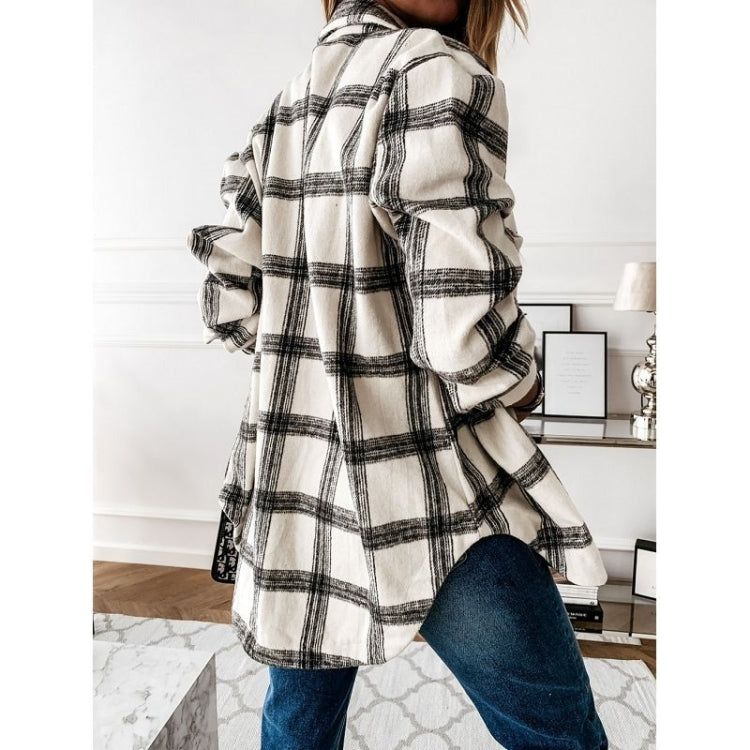 Lapel Long-sleeved Plaid Cardigan Shirt Loose Casual Woolen Coat for Ladies Reluova