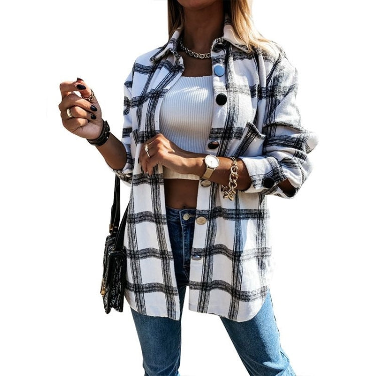 Lapel Long-sleeved Plaid Cardigan Shirt Loose Casual Woolen Coat for Ladies