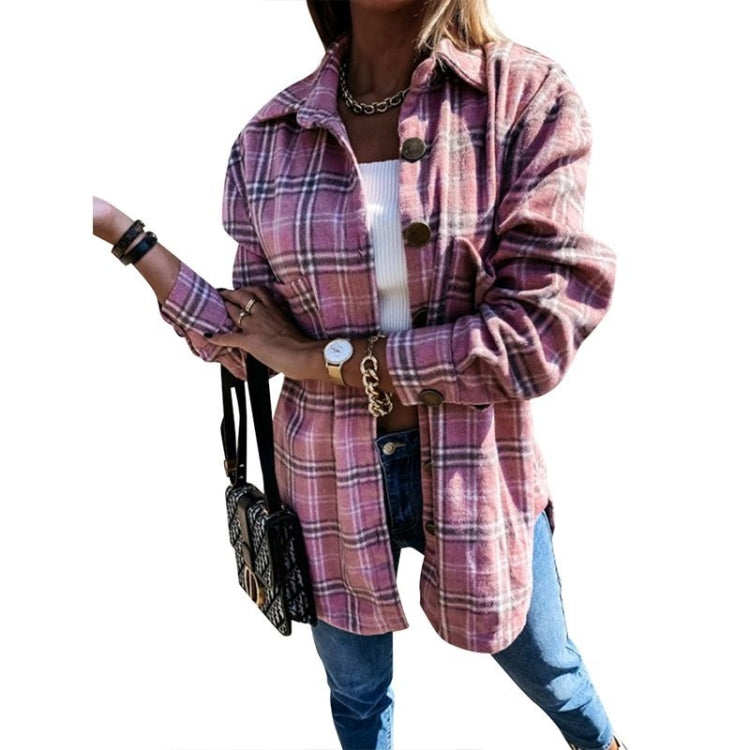 Lapel Long-sleeved Plaid Cardigan Shirt Loose Casual Woolen Coat for Ladies Reluova