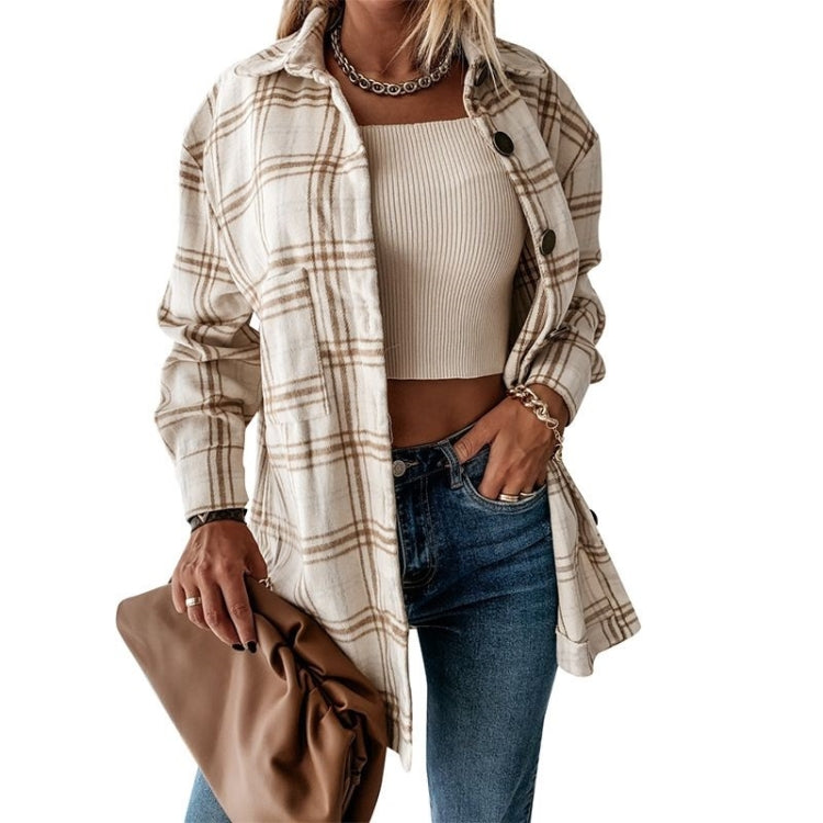 Lapel Long-sleeved Plaid Cardigan Shirt Loose Casual Woolen Coat for Ladies