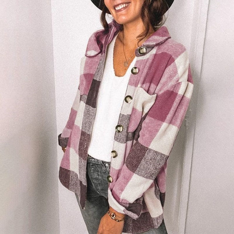 Lapel Long Sleeve Flannel Check Shirt Loose Casual Cardigan Jacket for Ladies