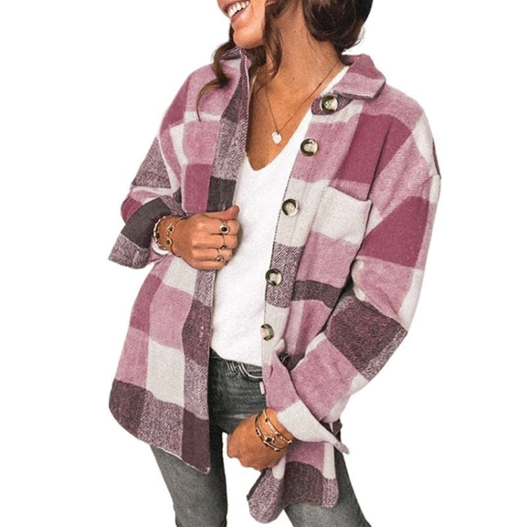 Lapel Long Sleeve Flannel Check Shirt Loose Casual Cardigan Jacket for Ladies Reluova