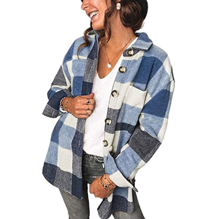 Lapel Long Sleeve Flannel Check Shirt Loose Casual Cardigan Jacket for Ladies