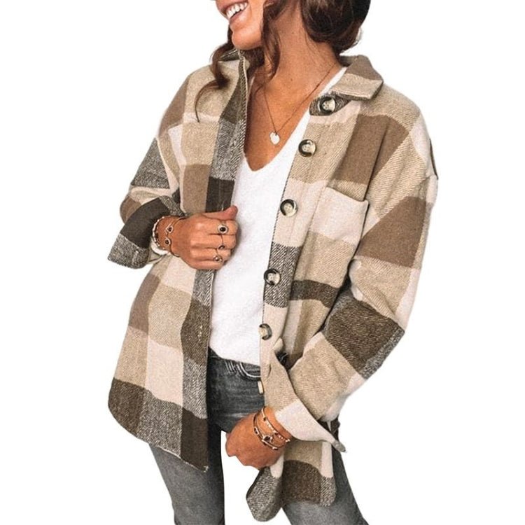 Lapel Long Sleeve Flannel Check Shirt Loose Casual Cardigan Jacket for Ladies