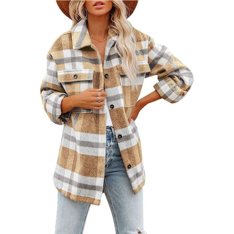 Lapel Long Sleeve Flannel Check Shirt Loose Casual Cardigan Jacket for Ladies Reluova