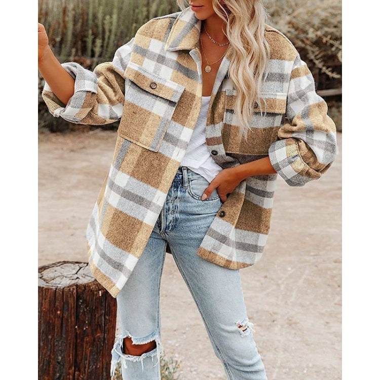 Lapel Long Sleeve Flannel Check Shirt Loose Casual Cardigan Jacket for Ladies Reluova