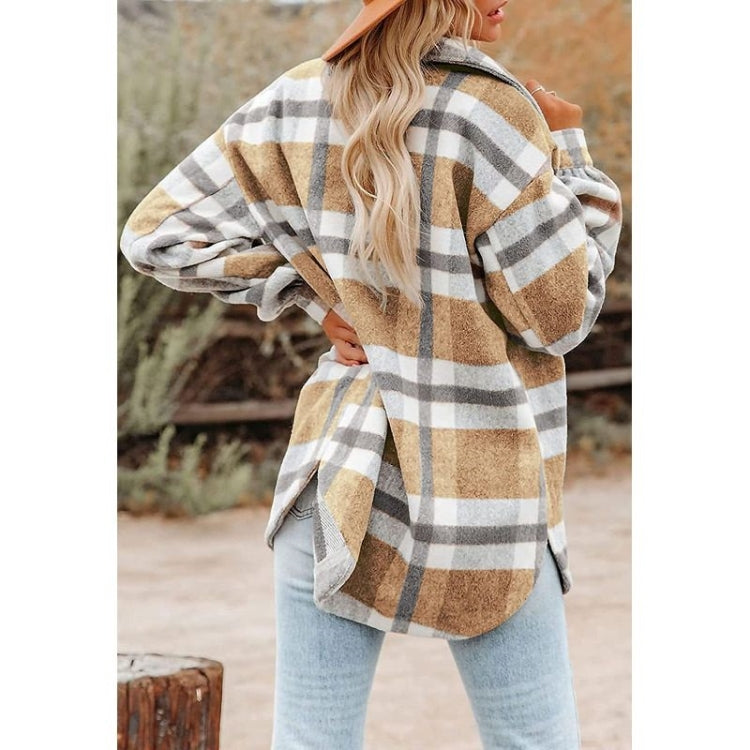 Lapel Long Sleeve Flannel Check Shirt Loose Casual Cardigan Jacket for Ladies Reluova