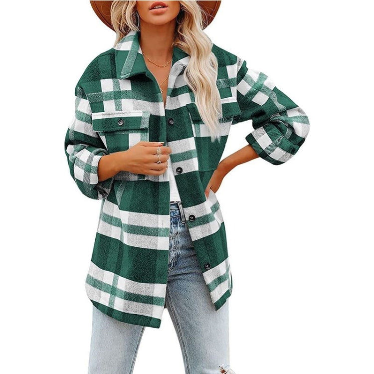 Lapel Long Sleeve Flannel Check Shirt Loose Casual Cardigan Jacket for Ladies Reluova