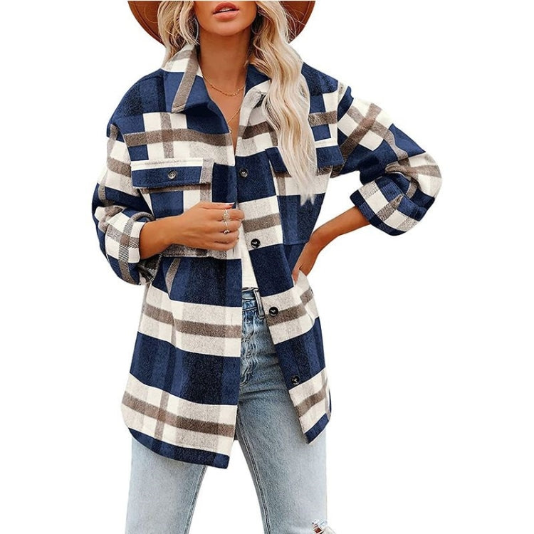 Lapel Long Sleeve Flannel Check Shirt Loose Casual Cardigan Jacket for Ladies Reluova