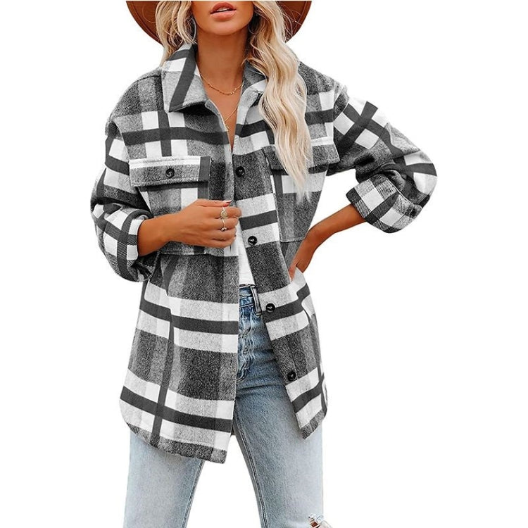 Lapel Long Sleeve Flannel Check Shirt Loose Casual Cardigan Jacket for Ladies Reluova