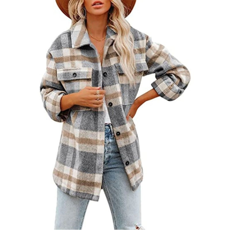 Lapel Long Sleeve Flannel Check Shirt Loose Casual Cardigan Jacket for Ladies Reluova